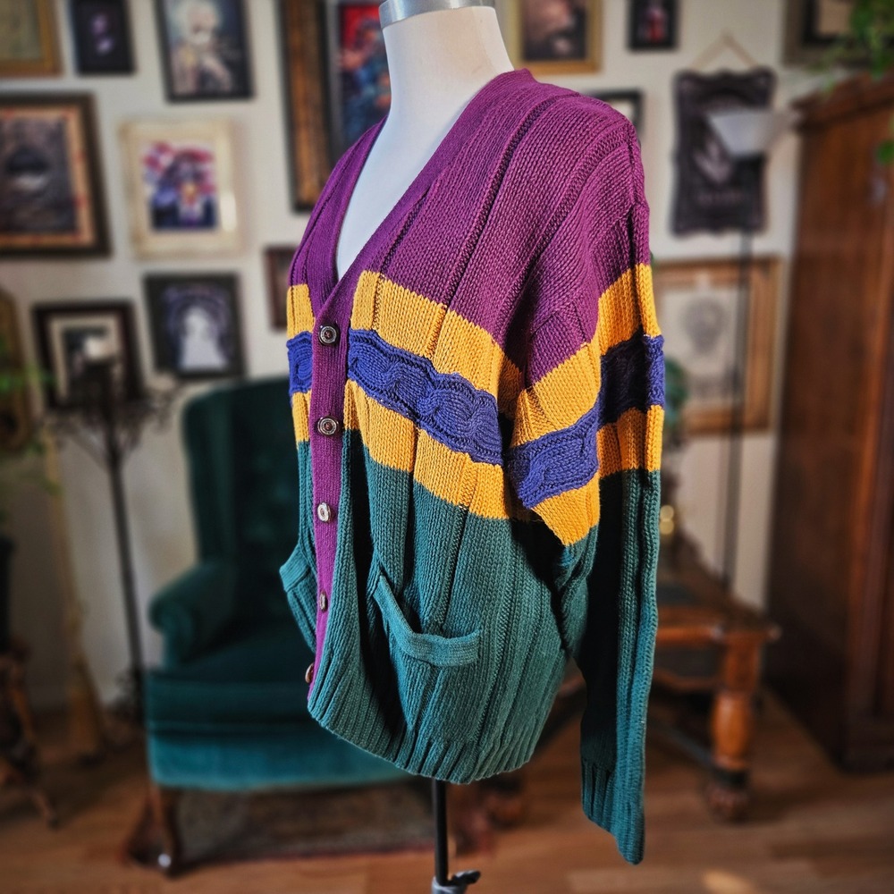 Body Equip Cardigan Vintage 90s Colorblock Knit Purple Green Gold Sweater Mens S - Picture 6 of 7